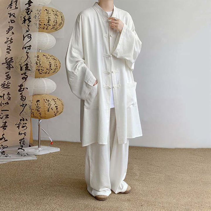 Conjunto de 2 Buddha Stones y pantalones de manga larga con botones de rana para hombre, de algodón, para meditación y zen - Blanco - US/UK/AU46, EU56 (5XL) - image 4