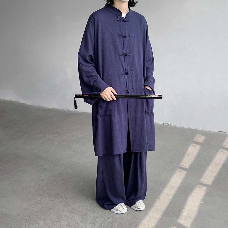 Conjunto de 2 Buddha Stones y pantalones de manga larga con botones de rana para hombre, de algodón, para meditación y zen - Azul acero - US/UK/AU46, EU56 (5XL) - image 11