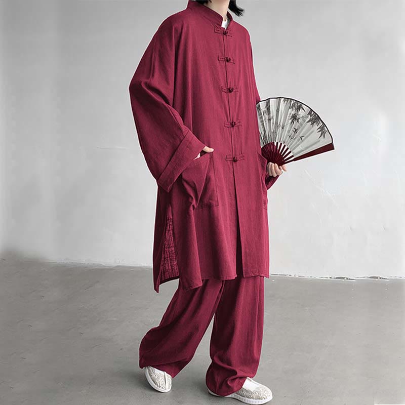 Conjunto de 2 Buddha Stones y pantalones de manga larga con botones de rana para hombre, de algodón, para meditación y zen - Ladrillo refractario - US/UK/AU46, EU56 (5XL) - image 18