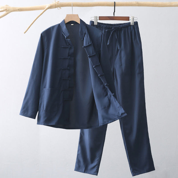 Conjunto de 2 piezas de camisa y pantalones de manga larga con botones de rana y traje tradicional de Tang con Buddha Stones para hombre - Azul acero - US/UK/AU44, EU54 (4XL) - image 0