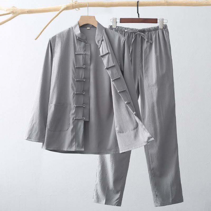 Conjunto de 2 piezas de camisa y pantalones de manga larga con botones de rana y traje tradicional de Tang con Buddha Stones para hombre - Gris - US/UK/AU44, EU54 (4XL) - image 8