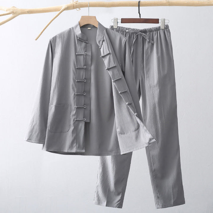 Conjunto de 2 piezas de camisa y pantalones de manga larga con botones de rana y traje tradicional de Tang con Buddha Stones para hombre - Gris - US/UK/AU44, EU54 (4XL) - image 8