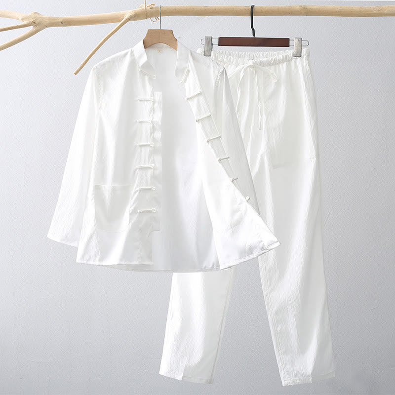 Conjunto de 2 piezas de camisa y pantalones de manga larga con botones de rana y traje tradicional de Tang con Buddha Stones para hombre - Blanco - US/UK/AU44, EU54 (4XL) - image 9