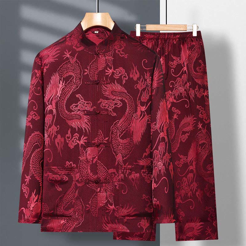 Conjunto de 2 piezas de camisa y pantalones de manga larga con botones de rana y dragón para hombre con Buddha Stones - Ladrillo refractario - US/UK/AU42, EU52 (3XL) - image 4