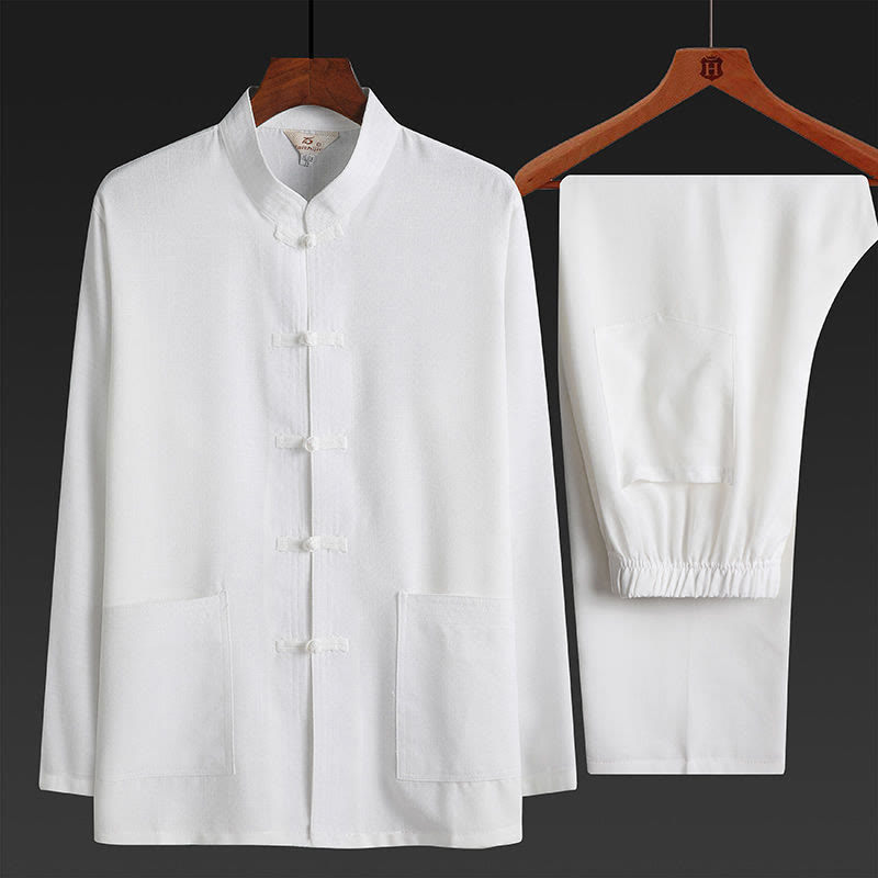 Conjunto de 2 piezas de traje Tang con botones de rana y camisa de manga larga para hombre, color liso , con Buddha Stones - Blanco - Juego de 2 piezas - US/UK/AU44, EU54 (4XL) - image 21