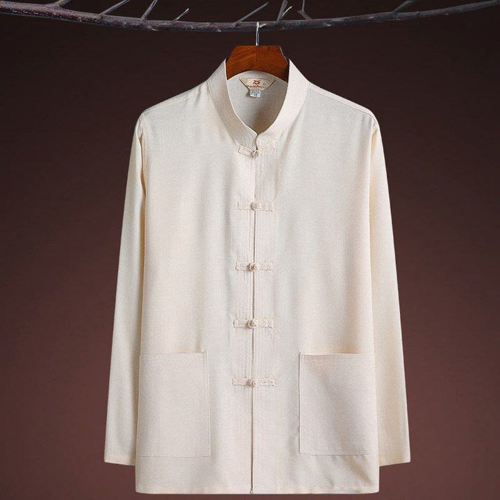 Conjunto de 2 piezas de traje Tang con botones de rana y camisa de manga larga para hombre, color liso , con Buddha Stones - image 19