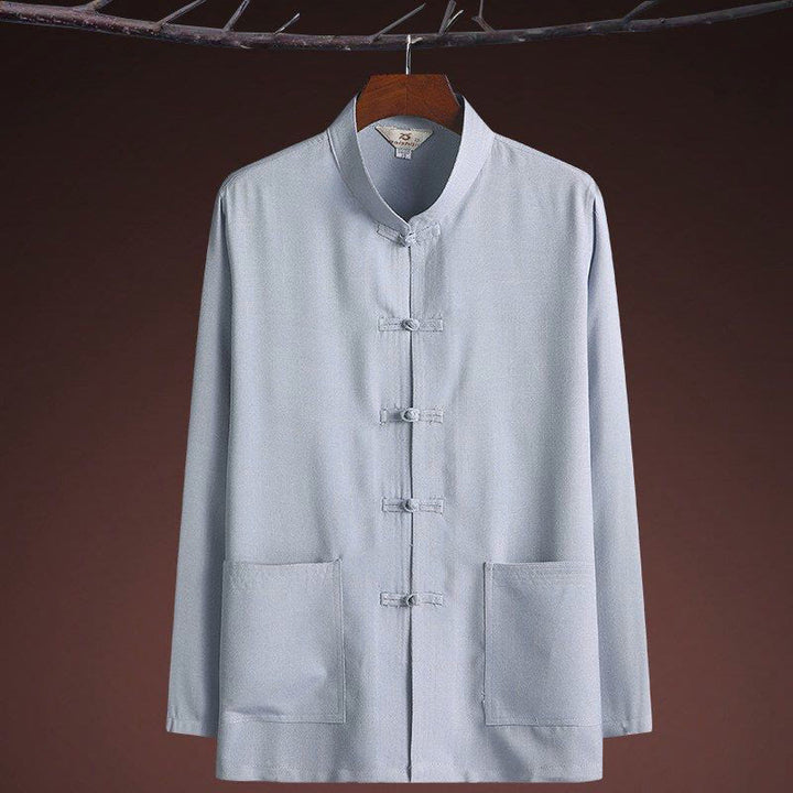 Conjunto de 2 piezas de traje Tang con botones de rana y camisa de manga larga para hombre, color liso , con Buddha Stones - image 7