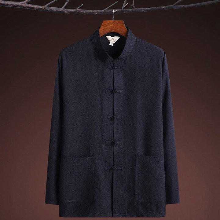 Conjunto de 2 piezas de traje Tang con botones de rana y camisa de manga larga para hombre, color liso , con Buddha Stones - image 1