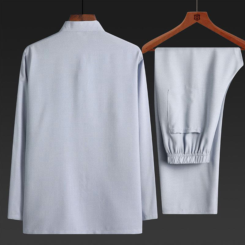 Conjunto de 2 piezas de traje Tang con botones de rana y camisa de manga larga para hombre, color liso , con Buddha Stones - image 6