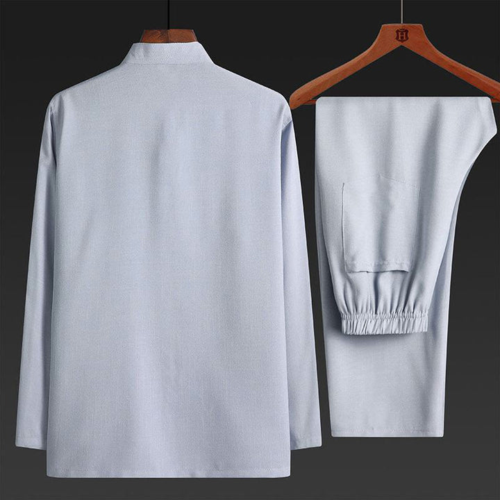 Conjunto de 2 piezas de traje Tang con botones de rana y camisa de manga larga para hombre, color liso , con Buddha Stones - image 6