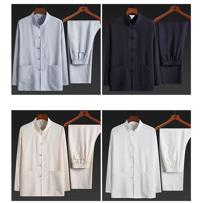 Conjunto de 2 piezas de traje Tang con botones de rana y camisa de manga larga para hombre, color liso , con Buddha Stones - image 24