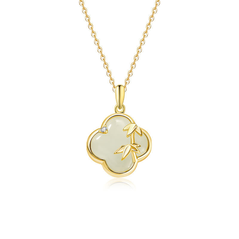 Collar con colgante de trébol de cuatro hojas y bambú en plata de ley 925 con Buddha Stones y jade hetiano