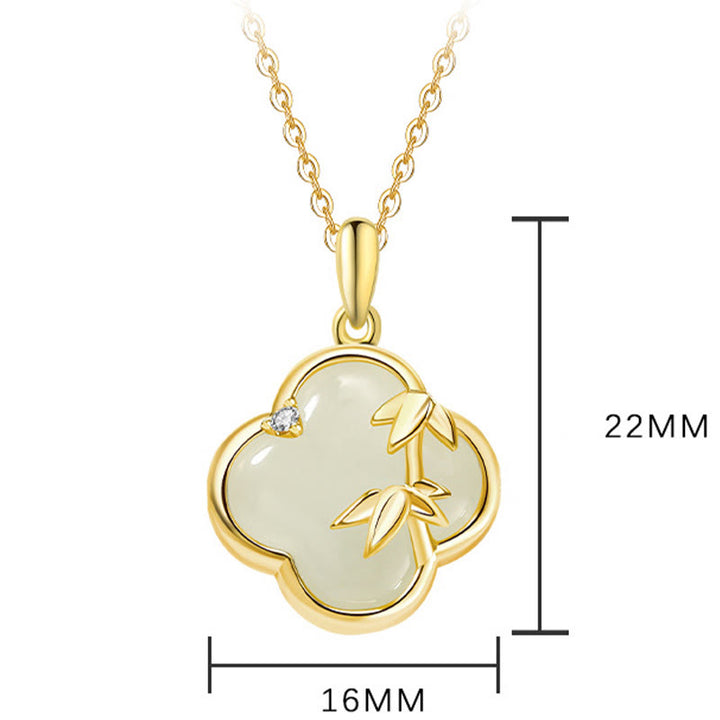 Collar con colgante de trébol de cuatro hojas y bambú en plata de ley 925 con Buddha Stones y jade hetiano