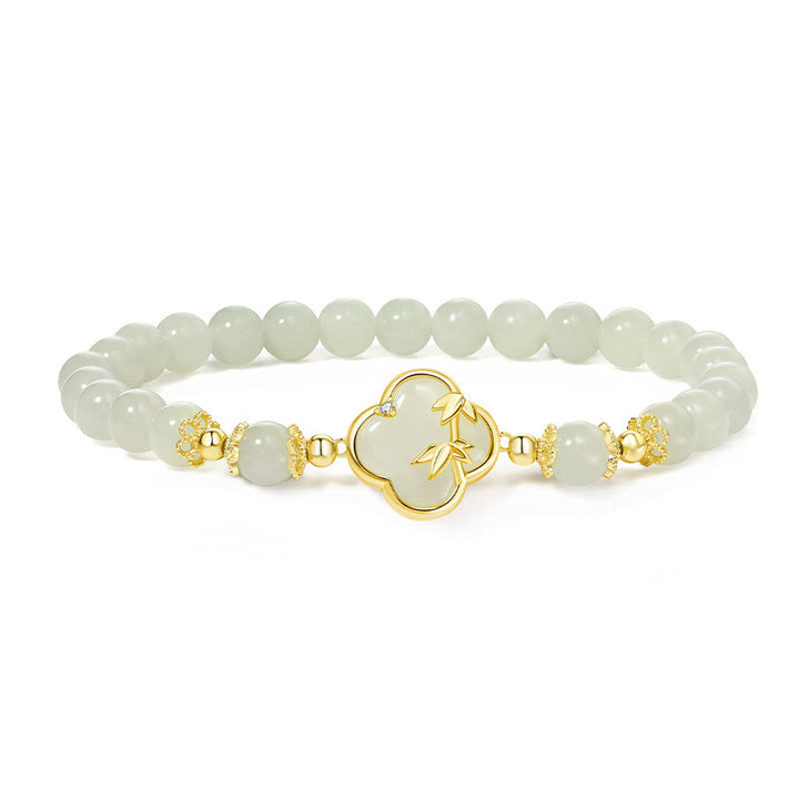 Pulsera de la suerte de bambú con trébol de cuatro hojas y jade hetiano de Buddha Stones en plata de ley 925