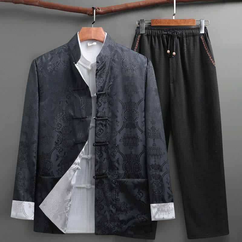 Conjunto de 2 Buddha Stones de traje Tang para hombre con estampado de peces Koi y botones de rana, camisa de manga larga y pantalones - Gris - US/UK/AU42, EU52 (3XL) - image 0