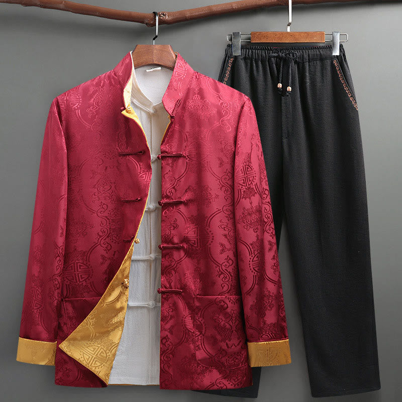 Conjunto de 2 Buddha Stones de traje Tang para hombre con estampado de peces Koi y botones de rana, camisa de manga larga y pantalones - Carmesí - US/UK/AU42, EU52 (3XL) - image 16