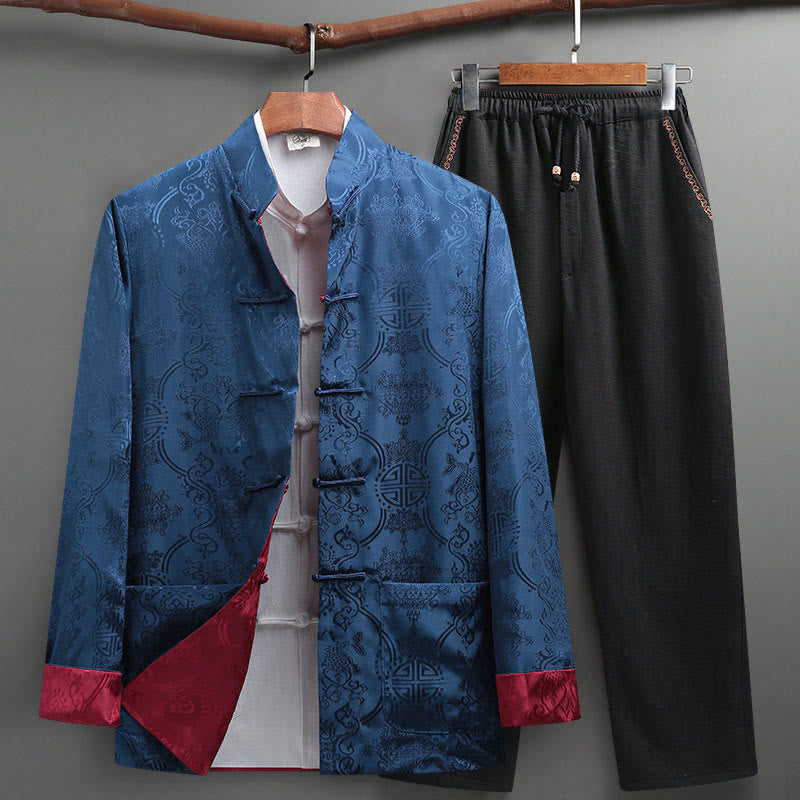 Conjunto de 2 Buddha Stones de traje Tang para hombre con estampado de peces Koi y botones de rana, camisa de manga larga y pantalones - Azul aciano - US/UK/AU42, EU52 (3XL) - image 18