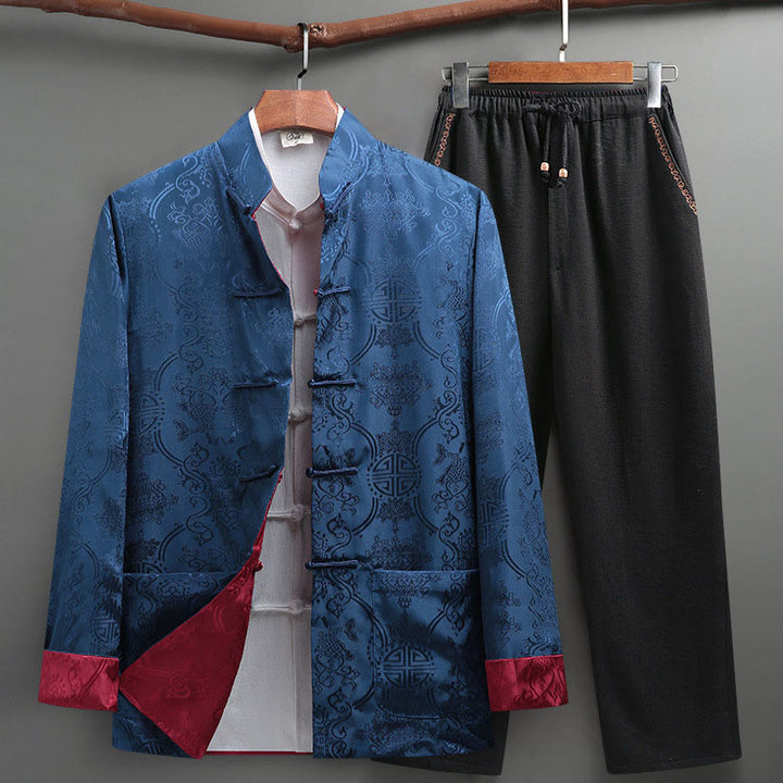 Conjunto de 2 Buddha Stones de traje Tang para hombre con estampado de peces Koi y botones de rana, camisa de manga larga y pantalones - Azul aciano - US/UK/AU42, EU52 (3XL) - image 18