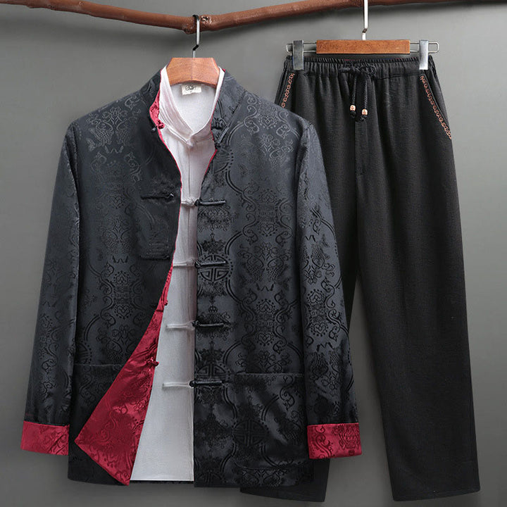 Conjunto de 2 Buddha Stones de traje Tang para hombre con estampado de peces Koi y botones de rana, camisa de manga larga y pantalones - Gris oscuro - US/UK/AU42, EU52 (3XL) - image 20