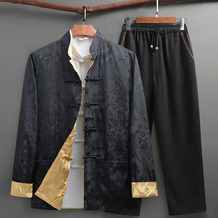 Conjunto de 2 Buddha Stones de traje Tang para hombre con estampado de peces Koi y botones de rana, camisa de manga larga y pantalones - Negro - US/UK/AU42, EU52 (3XL) - image 24