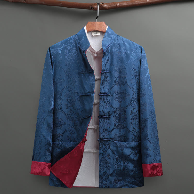 Traje Tang con Buddha Stones para hombre con estampado de peces koi y manga larga, chaqueta y camisa con bolsillos