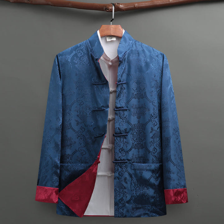 Traje Tang con Buddha Stones para hombre con estampado de peces koi y manga larga, chaqueta y camisa con bolsillos