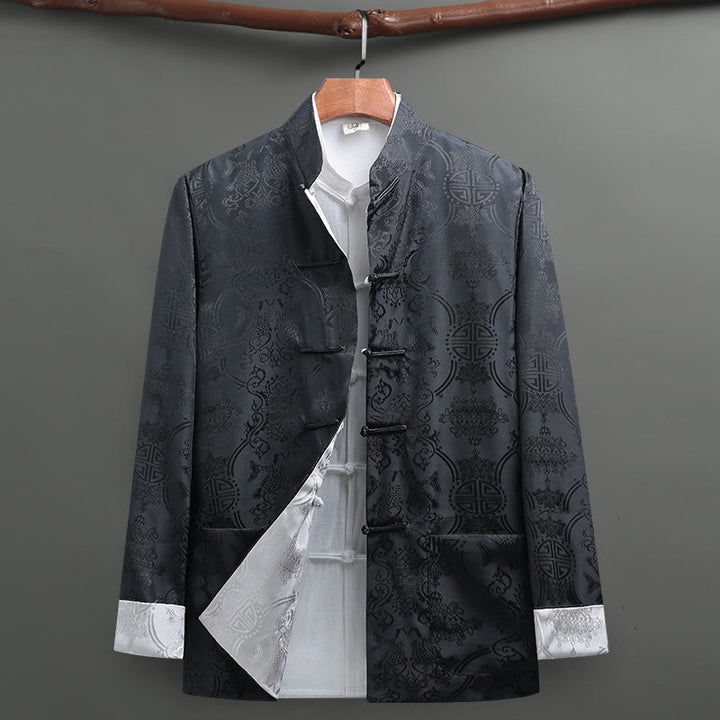 Traje Tang con Buddha Stones para hombre con estampado de peces koi y manga larga, chaqueta y camisa con bolsillos