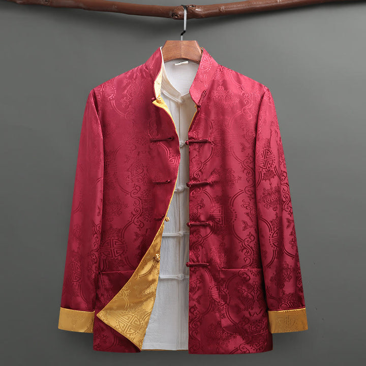 Traje Tang con Buddha Stones para hombre con estampado de peces koi y manga larga, chaqueta y camisa con bolsillos