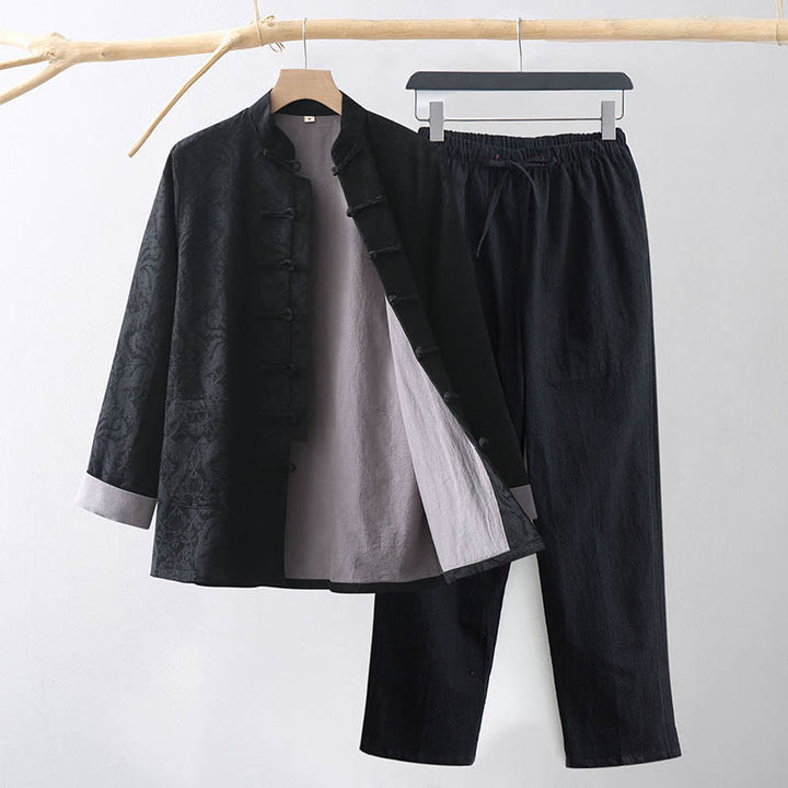 Conjunto de 2 Buddha Stones de traje Tang para hombre con diseño de enredadera de jacquard y botones de rana de algodón, camisa de manga larga y pantalones - Negro - US/UK/AU44, EU54 (4XL) - image 10