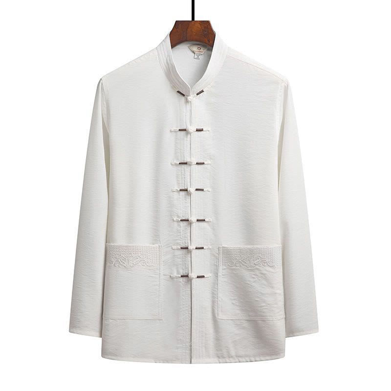 Conjunto de 2 piezas de camisa y pantalones de manga larga con botones de rana para hombre con traje Tang sencillo y Buddha Stones - Blanco - Camisa - US/UK/AU44, EU54 (4XL) - image 15