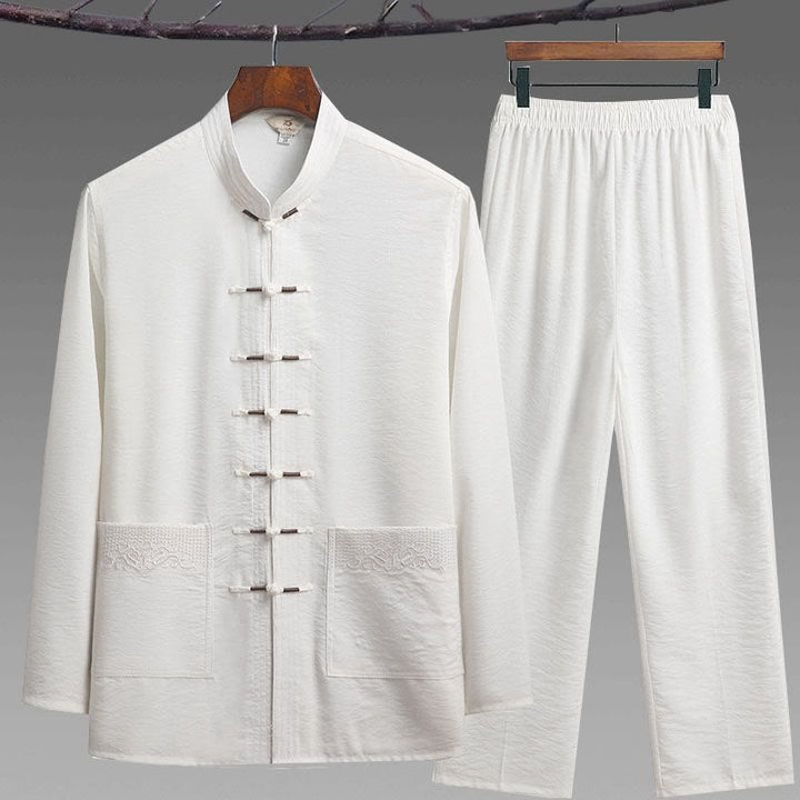 Conjunto de 2 piezas de camisa y pantalones de manga larga con botones de rana para hombre con traje Tang sencillo y Buddha Stones - Blanco - Juego de 2 piezas - US/UK/AU44, EU54 (4XL) - image 14