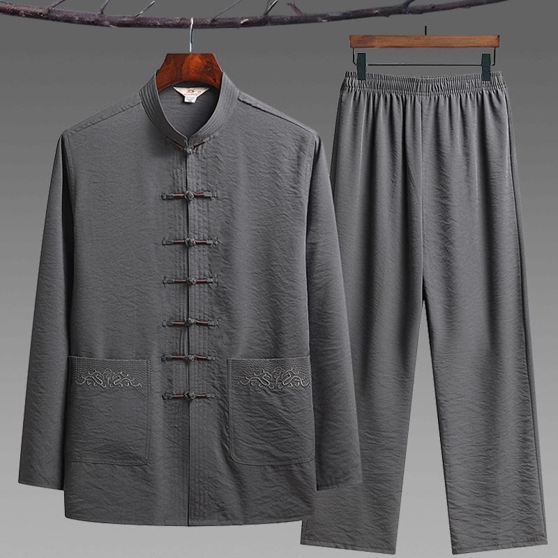 Conjunto de 2 piezas de camisa y pantalones de manga larga con botones de rana para hombre con traje Tang sencillo y Buddha Stones - Gris - Juego de 2 piezas - US/UK/AU44, EU54 (4XL) - image 4