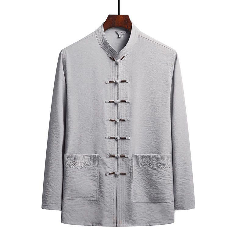 Conjunto de 2 piezas de camisa y pantalones de manga larga con botones de rana para hombre con traje Tang sencillo y Buddha Stones - Gris claro - Camisa - US/UK/AU44, EU54 (4XL) - image 13