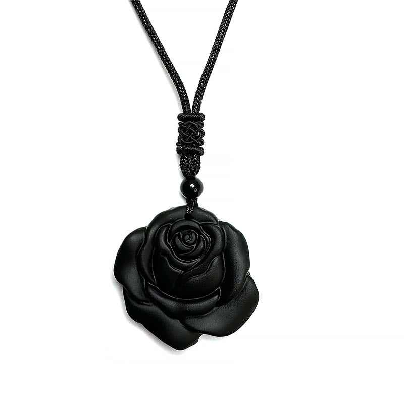 Colgante de collar purificador de rosa negra con hilo de obsidiana negra y Buddha Stones