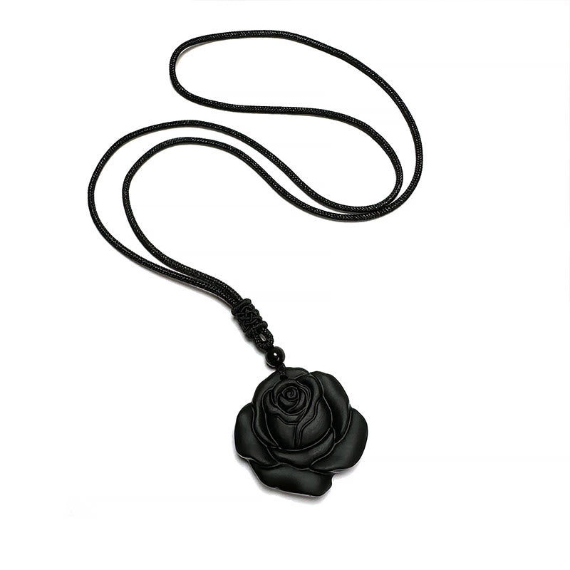 Colgante de collar purificador de rosa negra con hilo de obsidiana negra y Buddha Stones