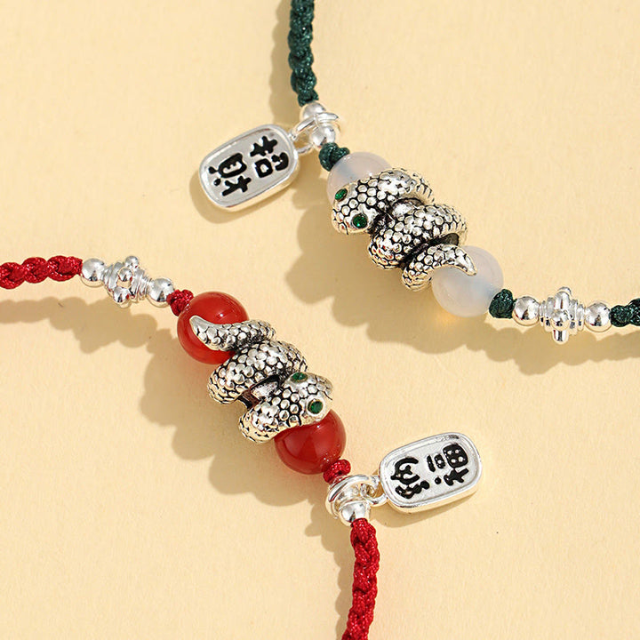 Pulsera de la suerte con hilo rojo y símbolo de Fu de cobre y Buddha Stones para el año de la serpiente