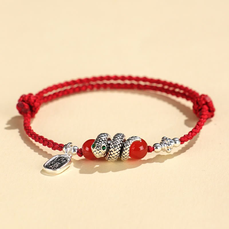 Pulsera de la suerte con hilo rojo y símbolo de Fu de cobre y Buddha Stones para el año de la serpiente