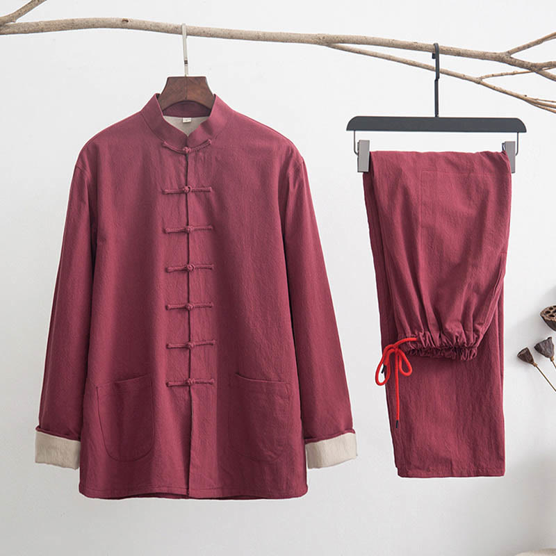 Conjunto de 2 piezas de camisa y pantalones de manga larga con botones de rana de lino para hombre con Buddha Stones - Ladrillo refractario - US/UK/AU44, EU54 (4XL) - image 18