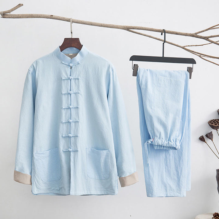 Conjunto de 2 piezas de camisa y pantalones de manga larga con botones de rana de lino para hombre con Buddha Stones - Cian claro - US/UK/AU44, EU54 (4XL) - image 22