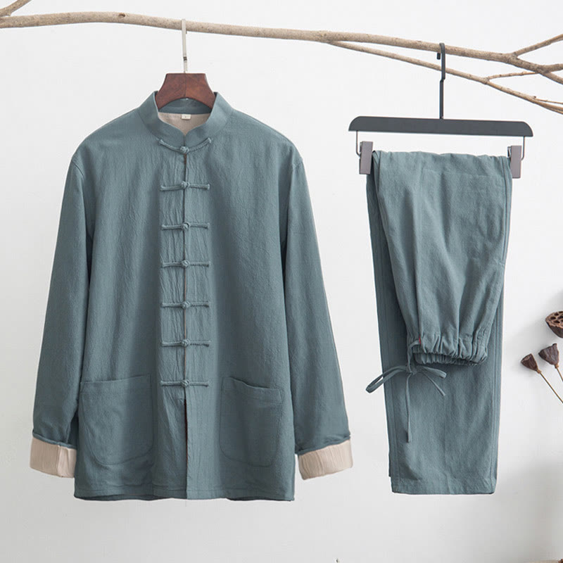 Conjunto de 2 piezas de camisa y pantalones de manga larga con botones de rana de lino para hombre con Buddha Stones - Cadete Azul - US/UK/AU44, EU54 (4XL) - image 4