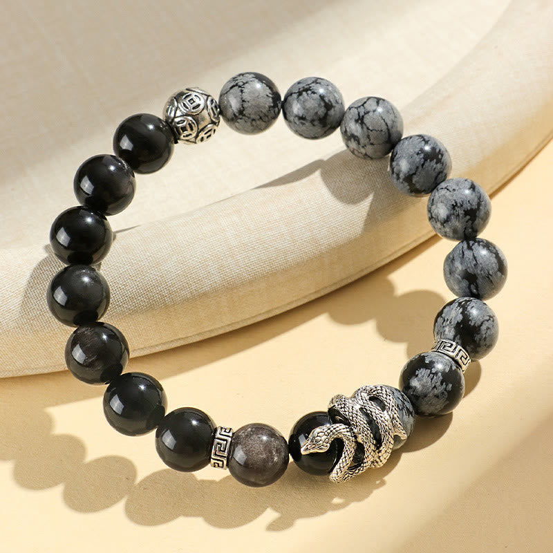 Pulsera de protección del año de la serpiente con obsidiana blanca, turquesa, jaspe gris y Buddha Stones con brillo plateado natural y obsidiana copo de nieve