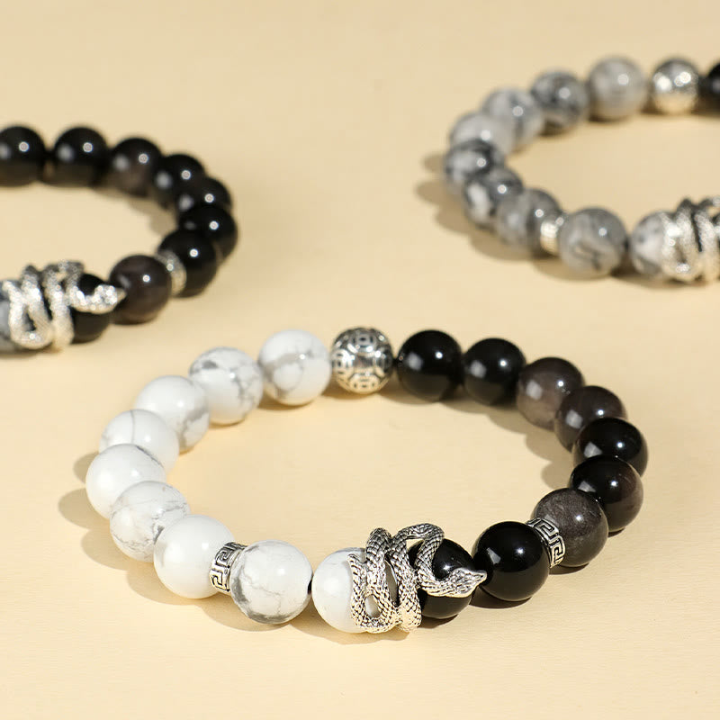 Pulsera de protección del año de la serpiente con obsidiana blanca, turquesa, jaspe gris y Buddha Stones con brillo plateado natural y obsidiana copo de nieve