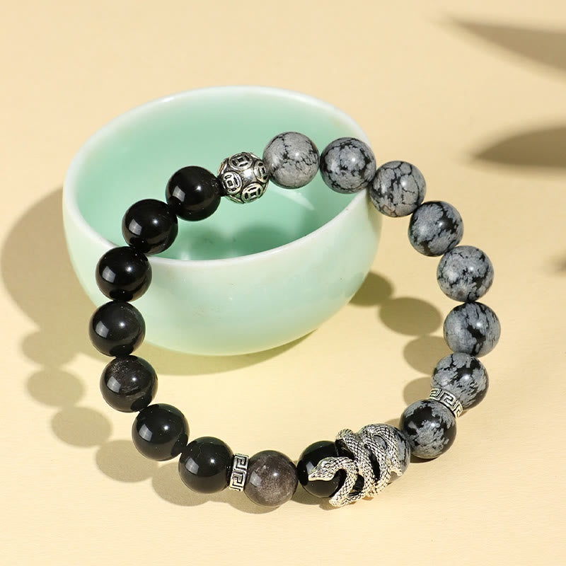 Pulsera de protección del año de la serpiente con obsidiana blanca, turquesa, jaspe gris y Buddha Stones con brillo plateado natural y obsidiana copo de nieve