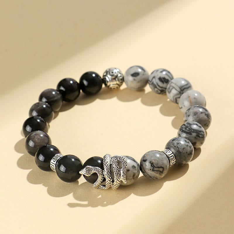 Pulsera de protección del año de la serpiente con obsidiana blanca, turquesa, jaspe gris y Buddha Stones con brillo plateado natural y obsidiana copo de nieve