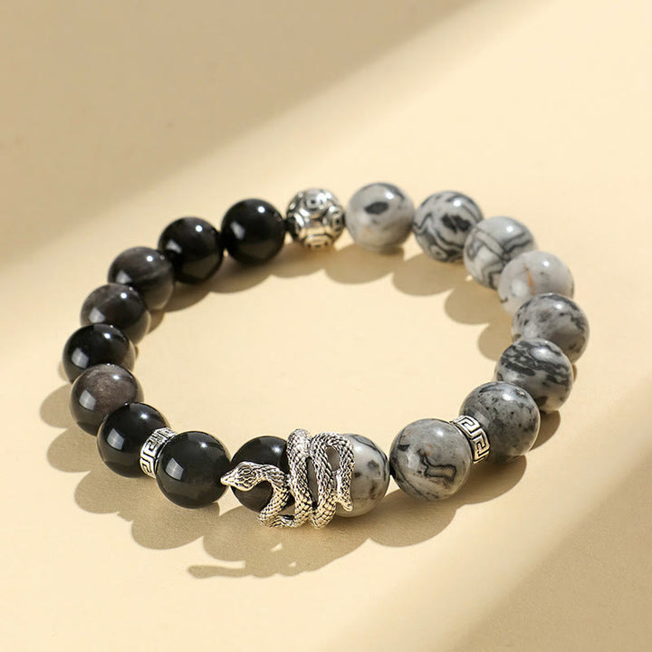 Pulsera de protección del año de la serpiente con obsidiana blanca, turquesa, jaspe gris y Buddha Stones con brillo plateado natural y obsidiana copo de nieve