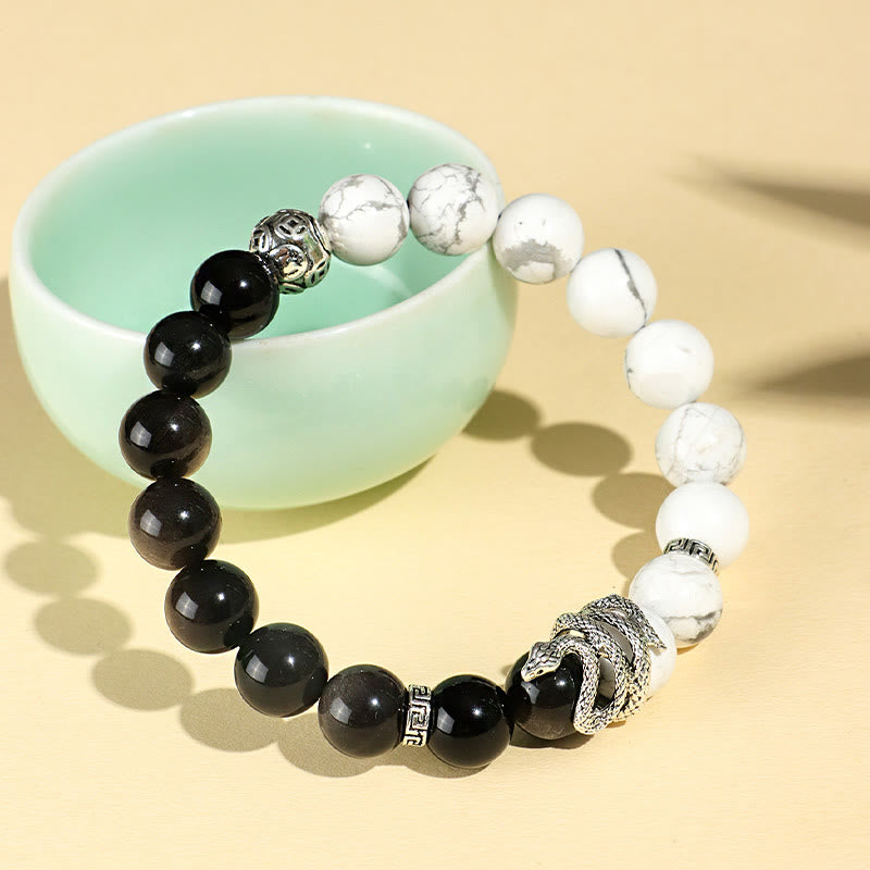 Pulsera de protección del año de la serpiente con obsidiana blanca, turquesa, jaspe gris y Buddha Stones con brillo plateado natural y obsidiana copo de nieve
