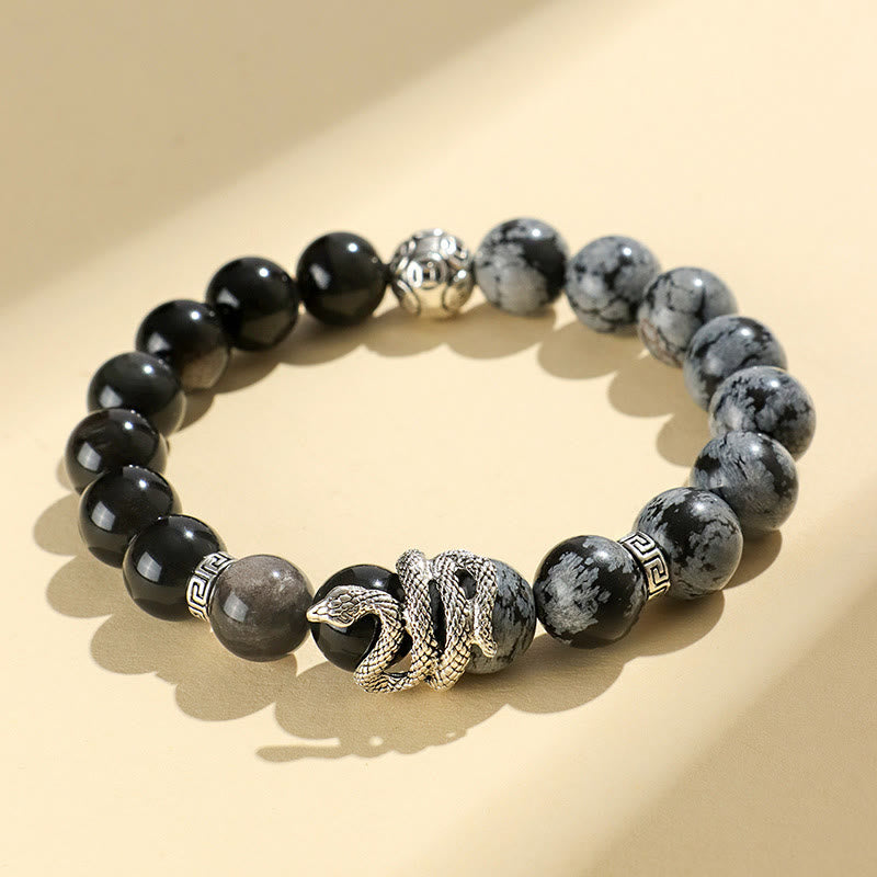 Pulsera de protección del año de la serpiente con obsidiana blanca, turquesa, jaspe gris y Buddha Stones con brillo plateado natural y obsidiana copo de nieve