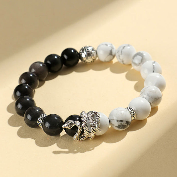 Pulsera de protección del año de la serpiente con obsidiana blanca, turquesa, jaspe gris y Buddha Stones con brillo plateado natural y obsidiana copo de nieve