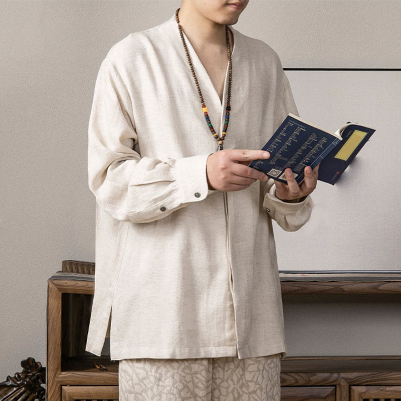 Camisa de lino de manga larga con cuello en V y Buddha Stones para hombre Ropa Zen - image 11