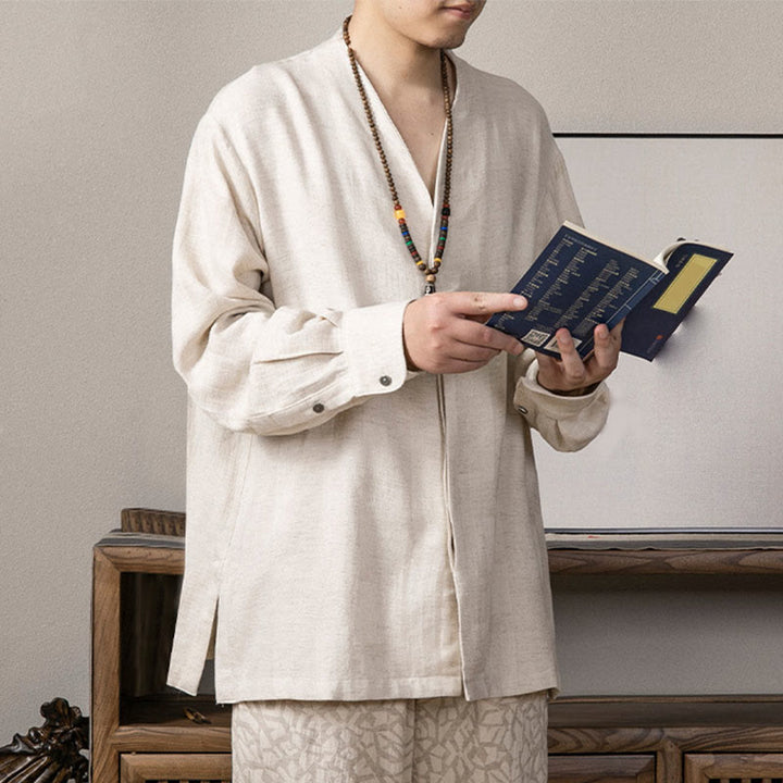 Camisa de lino de manga larga con cuello en V y Buddha Stones para hombre Ropa Zen - image 11